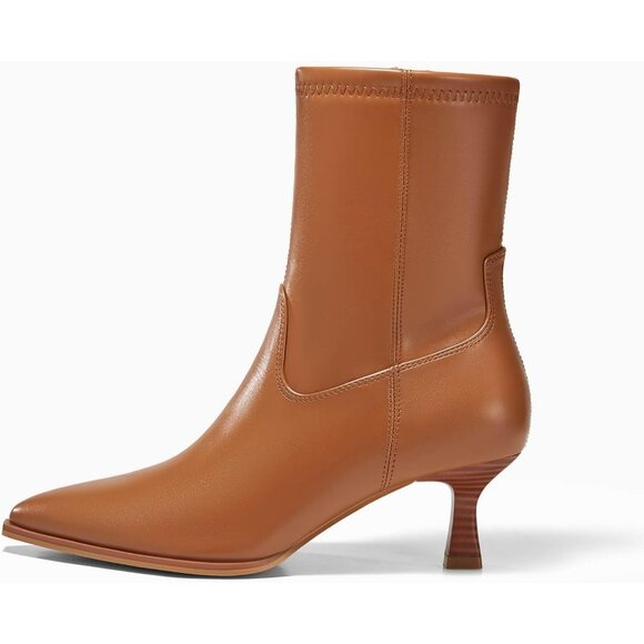 Women's Brown  Pointed Toe Ankle Boots Stacked Kitten Low Heel Side Zipper - Picture 5 of 6